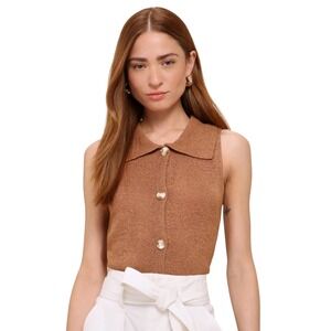 Lulus Best Presence Cognac Brown Sleeveless Button Front Collared Knit Top Small